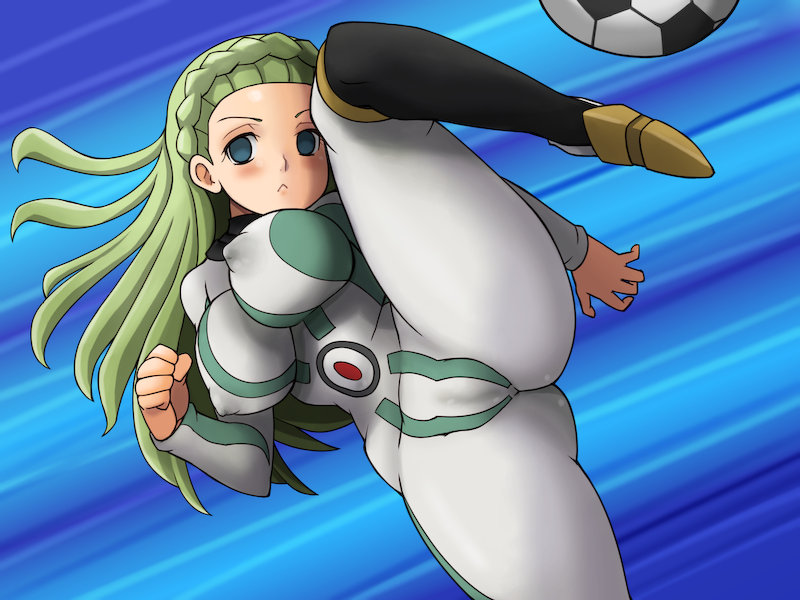 1girl ass ball blue_eyes blush breasts green_hair guel huge_ass inazuma_eleven_(series) tsumitani_daisuke