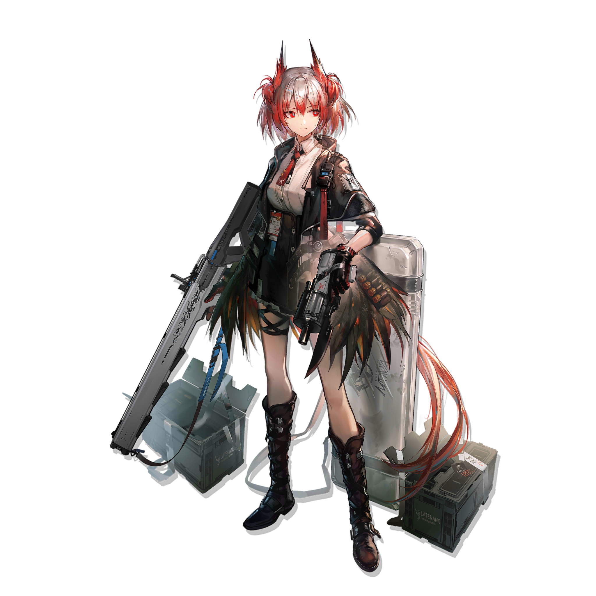 1girl arknights black_boots black_jacket black_skirt boots fiammetta_(arknights) full_body gun highres holding holding_gun holding_weapon huanxiang_heitu jacket looking_to_the_side necktie official_art open_clothes open_jacket pointy_hair red_eyes red_hair red_necktie shirt short_hair skirt solo standing transparent_background weapon white_shirt