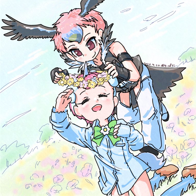 2girls bare_shoulders bird_girl bird_tail bird_wings black_hair blonde_hair blue_hair blush bow bowtie brown_eyes brown_footwear brown_shorts brown_vest chaps closed_eyes collared_shirt flower green_bow green_bowtie hair_between_eyes hair_flower hair_ornament head_wings head_wreath kemono_friends kemono_friends_3 lappet-faced_vulture_(kemono_friends) long_shirt multicolored_hair multiple_girls p_alti pants pink_hair shirt short_hair short_shorts shorts sleeveless smile socks tail unico unico_(kemono_friends) unicorn_girl unicorn_horn vest white_footwear white_hair white_pants white_shirt white_socks wings