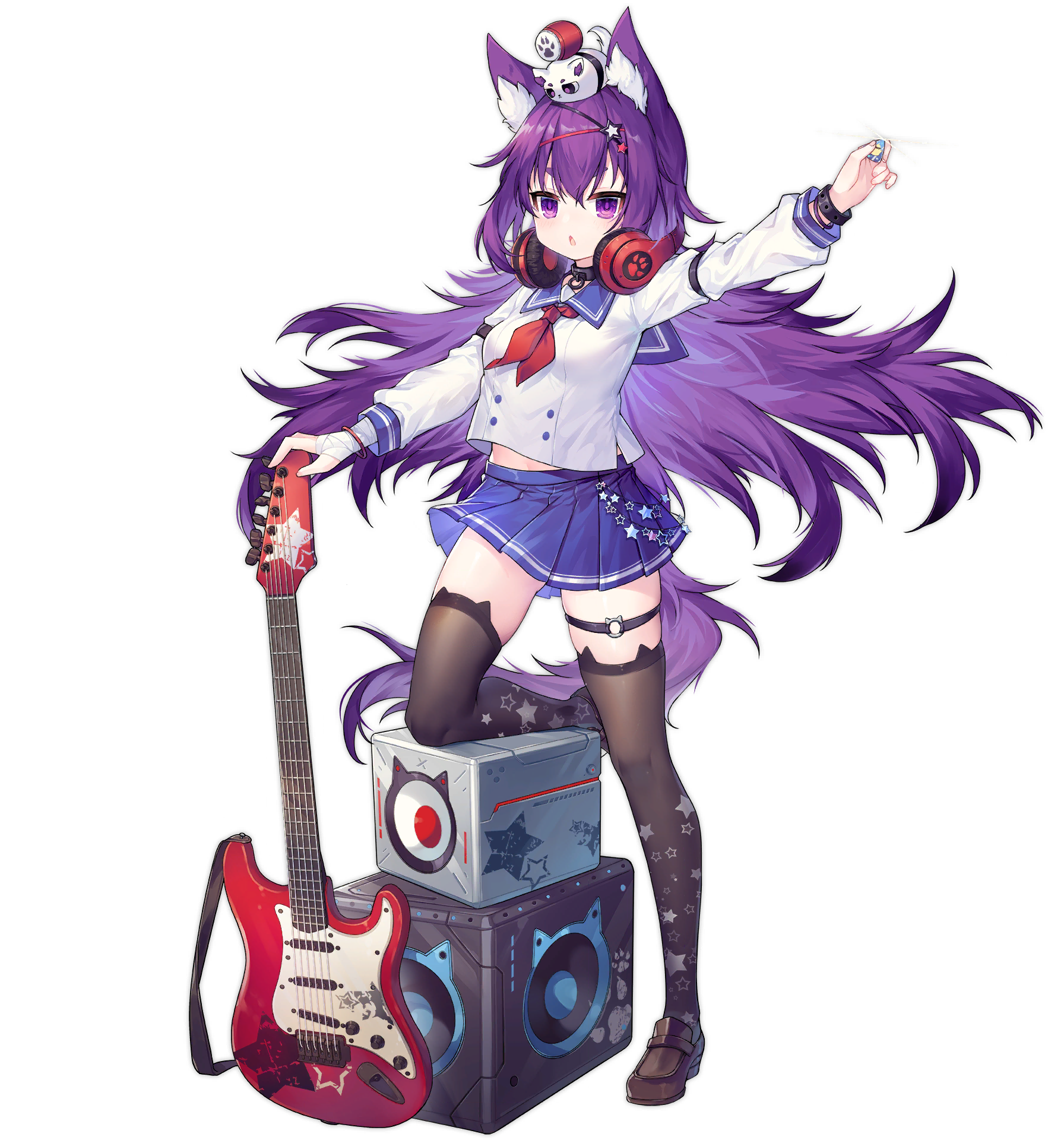1girl :o animal_ear_fluff animal_ears ao_jun azur_lane black_thighhighs dress guitar hair_ornament headphones headphones_around_neck highres instrument long_hair looking_at_viewer necktie official_alternate_costume official_art purple_eyes purple_hair red_neckwear sailor_dress school_uniform skirt speaker tail thigh_strap thighhighs transparent_background urakaze_(azur_lane) urakaze_(sengoku_shredder!)_(azur_lane)