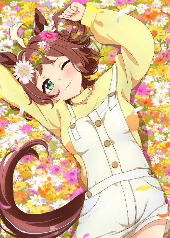 1girl ahoge animal_ears blush breasts casual commentary_request field flower flower_field green_eyes hair_between_eyes hair_ornament head_wreath horse_ears horse_girl looking_at_viewer medium_breasts medium_hair one_eye_closed petals relaxing rhein_kraft_(umamusume) shachikunoosamu smile umamusume