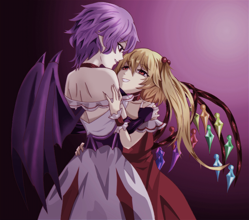 2girls bare_shoulders bat_wings black_gloves blonde_hair commentary_request crystal crystal_wings detached_collar dress eye_contact face-to-face fingerless_gloves flandre_scarlet gloves hair_between_eyes holding_another&#039;s_arm long_hair looking_at_another merihari07 multiple_girls open_mouth pink_dress pointy_ears ponytail purple_hair red_dress red_eyes remilia_scarlet short_hair siblings sisters smile strapless strapless_dress touhou wings wrist_cuffs yuri