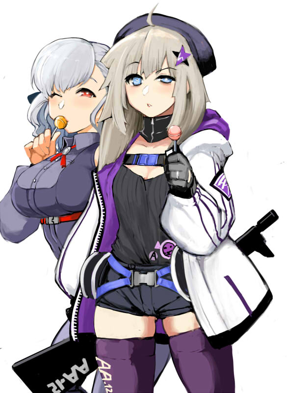 2girls aa-12 aa-12_(girls&#039;_frontline) automatic_shotgun candy combat_shotgun food girls&#039;_frontline gun keshin lollipop multiple_girls shotgun spas-12_(girls&#039;_frontline) weapon