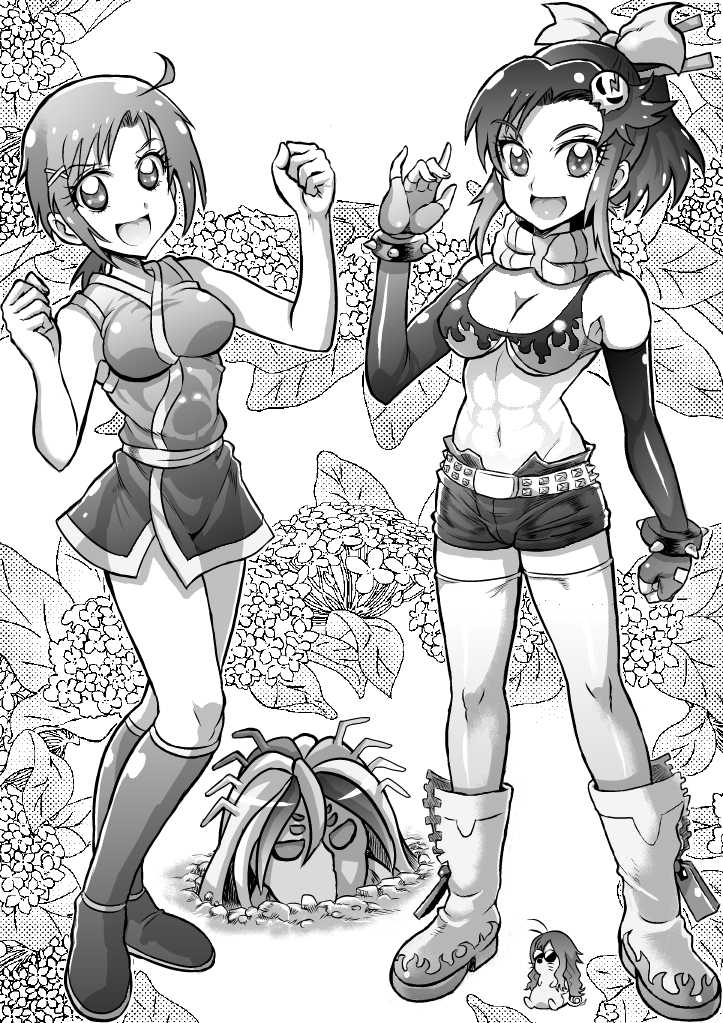 2girls \m/ abs bikini bikini_top_only boota_(cosplay) boota_(ttgl) breasts cleavage cosplay dorodoron fingerless_gloves flower full_body futari_wa_precure_splash_star gloves greyscale hair_ornament hino_akane_(smile_precure!) hydrangea inoue_marina medium_breasts midorikawa_nao midriff mitsurou monochrome multiple_girls navel open_mouth ponytail precure rin_(toriko) rin_(toriko)_(cosplay) scarf short_hair short_shorts shorts skull_hair_ornament smile_precure! swimsuit tano_asami tengen_toppa_gurren_lagann thighhighs toriko_(series) voice_actor_connection yoko_littner yoko_littner_(cosplay)
