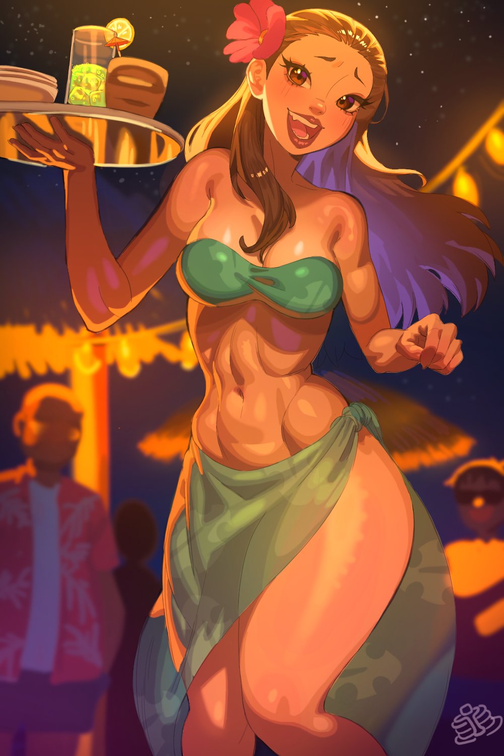 1girl aqua_bra aqua_sarong bra breasts brown_eyes brown_hair dark-skinned_female dark_skin flower glass hair_flower hair_ornament highres holding holding_tray lilo_&amp;_stitch long_hair looking_at_viewer medium_breasts nani_pelekai navel open_mouth pankekes pink_flower sarong solo_focus tray underwear