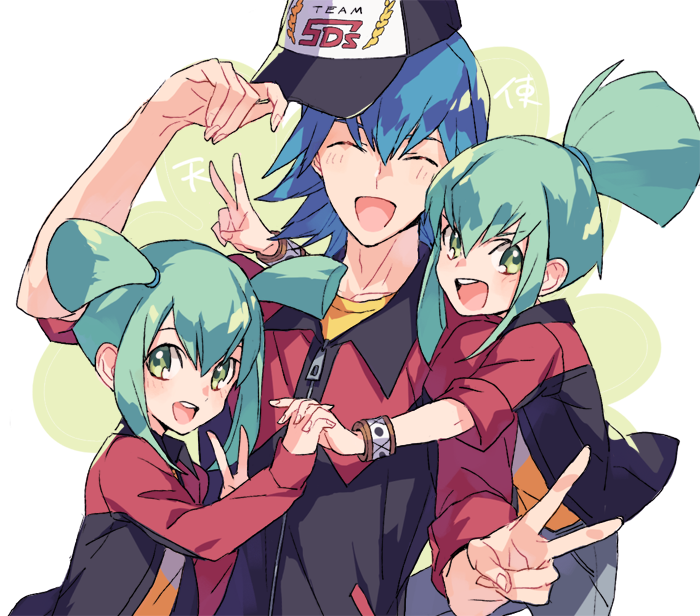 1girl 2boys baseball_cap black_hat blue_hair brother_and_sister bruno_(yu-gi-oh!) closed_eyes ebira green_eyes green_hair group_picture hair_horns hat high_ponytail holding_hands interlocked_fingers jacket long_hair lua_(yu-gi-oh!) luca_(yu-gi-oh!) medium_hair multiple_boys ponytail print_hat red_jacket shirt siblings twins yellow_shirt yu-gi-oh! yu-gi-oh!_5d&#039;s