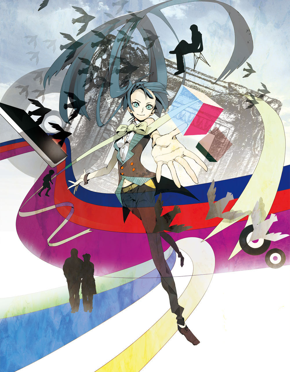 1girl aqua_eyes aqua_hair bad_id bad_pixiv_id bow bowtie female_focus foreshortening full_body hatsune_miku highres long_hair navel pants serori smile solo twintails very_long_hair vocaloid