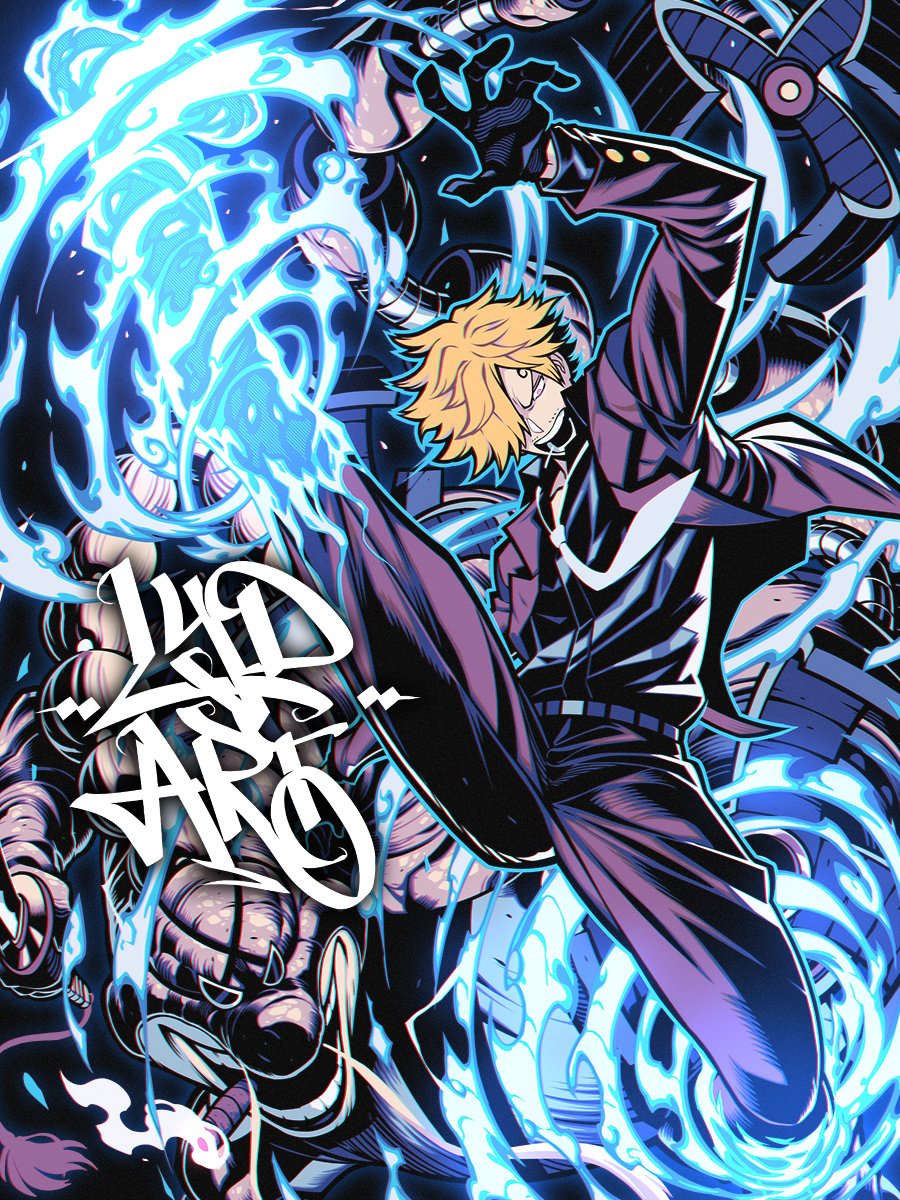 2boys battle black_gloves black_shirt blonde_hair blue_fire brachiosaurus braid braided_ponytail cable_hair cigar claw_(weapon) collarbone commentary curly_eyebrows english_commentary fire flaming_leg formal_clothes full_body gloves highres holding holding_sword holding_weapon ifrit_jambe jacket katana long_hair lydart_mclo medium_hair mouth_hold multiple_boys necktie one_piece pants purple_jacket purple_pants purple_suit queen_(one_piece) sanji_(one_piece) shirt smoke suit sword very_long_hair weapon white_necktie