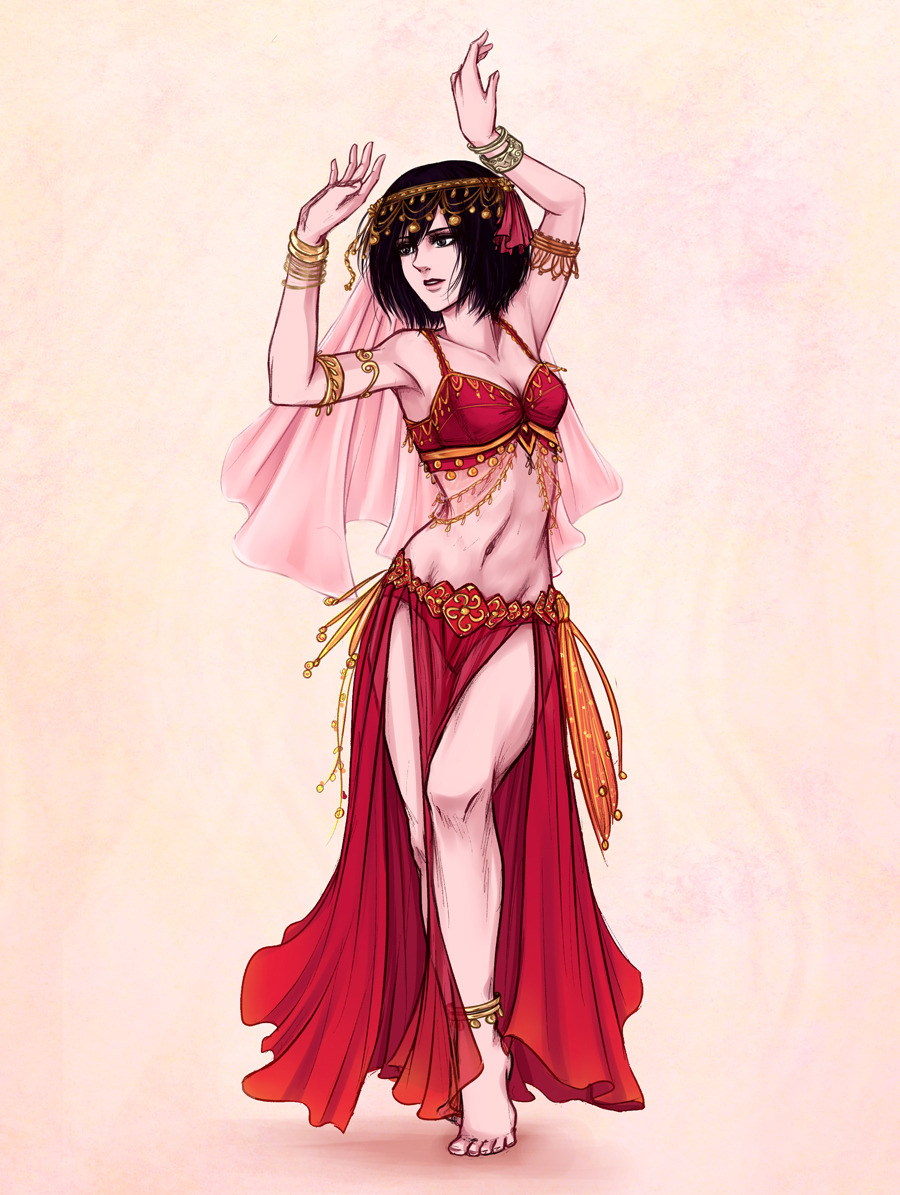1girl anklet arabian_clothes armlet arms_up barefoot belly_dancing black_eyes black_hair bracelet breasts circlet cleavage commentary daydream24-7 english_commentary full_body jewelry long_skirt medium_breasts medium_hair midriff mikasa_ackerman multiple_bracelets navel pelvic_curtain pink_veil red_skirt shingeki_no_kyojin side_slit skirt solo tiptoes veil