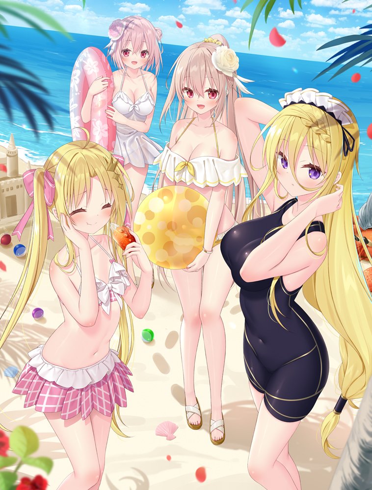 4girls ball beach beachball bikini bikini_skirt black_one-piece_swimsuit blonde_hair blue_sky bow braid braided_bangs breasts closed_eyes cloud covered_navel crown_hair_ornament day dress eating flat_chest flower footprints frilled_bikini frills hair_between_eyes hair_bow hair_flower hair_ornament holding holding_ball holding_beachball horizon innertube large_breasts long_hair looking_at_viewer low-tied_long_hair miniskirt multiple_girls navel ocean off-shoulder_bikini off_shoulder one-piece_swimsuit open_mouth original outdoors palm_tree petals pink_bow pink_eyes pink_hair pink_skirt pleated_skirt ponytail purple_eyes sand sand_castle sand_sculpture seashell see-through_clothes shell short_dress short_hair skirt sky smile swim_ring swimsuit tree twintails very_long_hair water white_bikini white_bow white_dress wristband yano_mitsuki_(nanairo) yellow_bikini yellow_bow