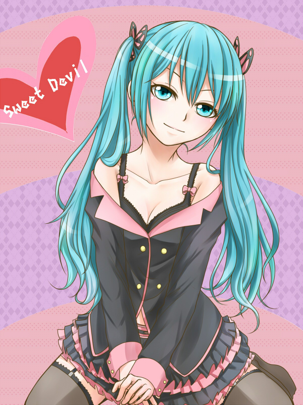 1girl aqua_eyes aqua_hair bra copyright_name female_focus garter_straps gazeichi hatsune_miku hatsune_miku_(honey_whip) long_hair out_of_frame project_diva_(series) project_diva_f sitting skirt solo sweet_devil_(vocaloid) thighhighs twintails underwear vocaloid zettai_ryouiki