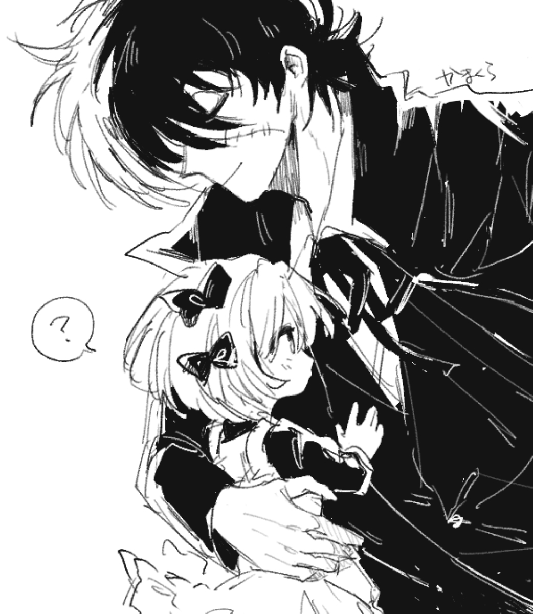 1boy 1girl ? artist_name bad_id bad_pixiv_id black_jack_(character) black_jack_(series) closed_eyes closed_mouth coat collared_shirt dress hand_on_another&#039;s_chest highres kamakura_(umi_146) long_sleeves monochrome multicolored_hair neck_ribbon pinafore_dress pinoko ribbon scar scar_on_face shirt short_hair simple_background sketch sleeveless sleeveless_dress smile speech_bubble split-color_hair spoken_question_mark stitched_face stitches two-tone_hair vest wing_collar