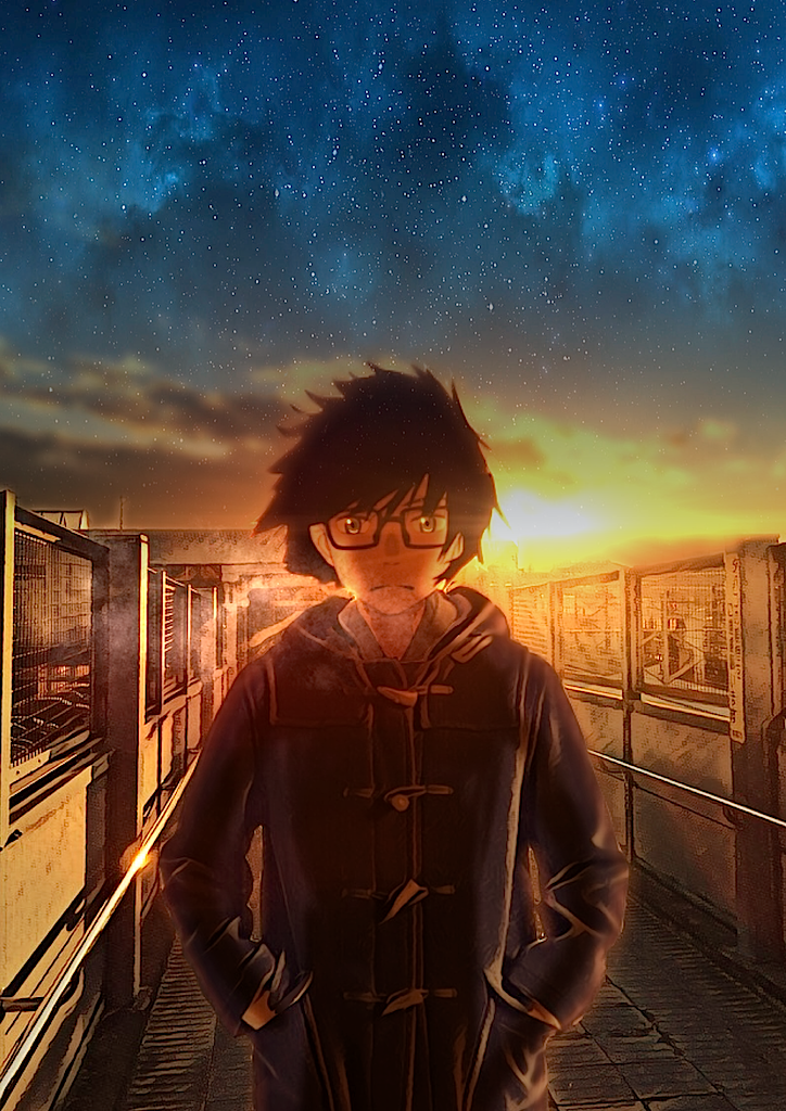 1boy black-framed_eyewear black_coat black_hair coat frown glasses hands_in_pockets kiriyama_rei looking_at_viewer male_focus outdoors sangatsu_no_lion solo standing sunday-offline sunset