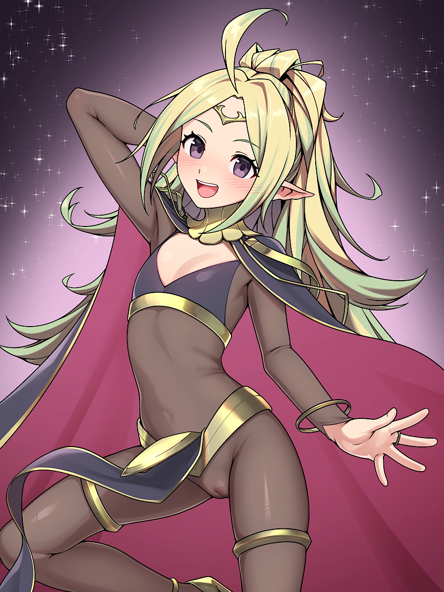 1girl ahoge alternate_costume arm_behind_head blonde_hair blush bodystocking cameltoe cape circlet cosplay covered_navel fire_emblem fire_emblem_awakening flat_chest gold_trim gradient_background green_eyes highres long_hair looking_at_viewer multicolored_hair nintendo nowi_(fire_emblem) pelvic_curtain pointy_ears ponytail sidelocks smile solo star_(sky) starry_sky_background tharja_(fire_emblem) tharja_(fire_emblem)_(cosplay) two-tone_hair yotubeya