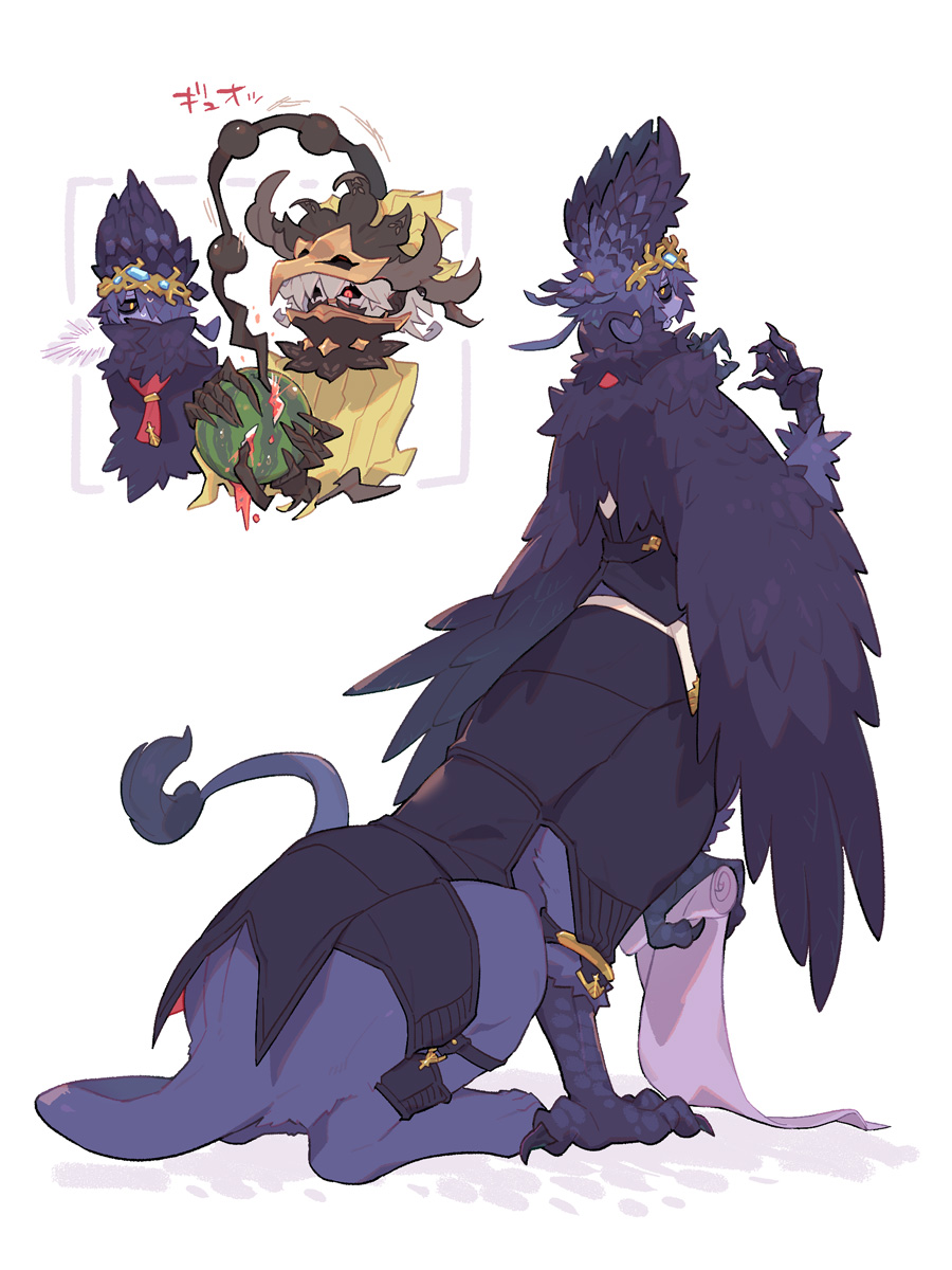 2boys animal_hands asymmetrical_bangs asymmetrical_eyes bird_mask bird_wings black_cape black_cloak black_feathers black_hair black_sclera black_tailcoat black_tentacles black_vest black_wings cape centauroid claws cloak colored_sclera colored_skin covered_mouth detached_collar diamond_(shape) eating feather_ears feather_hair feathered_wings feathers fingernails food from_behind fruit full_body gold_headband gold_headwear gold_trim grey_mask griffin hair_over_one_eye half-closed_eyes hands_up hat head_wings heterochromia high_collar highres holding holding_scroll inu_fuji jewelry lion_tail looking_at_another looking_at_viewer looking_back male_focus mask monster_boy mouth_mask multiple_boys neck_fur necktie open_mouth original orurutu_(inu_fuji) ponytail pupiless_eyes purple_feathers purple_fur purple_hair purple_skin purple_wings red_eyes red_necktie red_tailcoat red_vest ryneion_(inu_fuji) scroll shadow sharp_fingernails short_hair short_ponytail simple_background sitting sweatdrop tail tailcoat talons taur tentacle_clothes tentacles torn_clothes torn_hat two-sided_fabric upper_body vest watermelon white_background white_hair white_skin winged_arms wings yellow_cloak yellow_eyes
