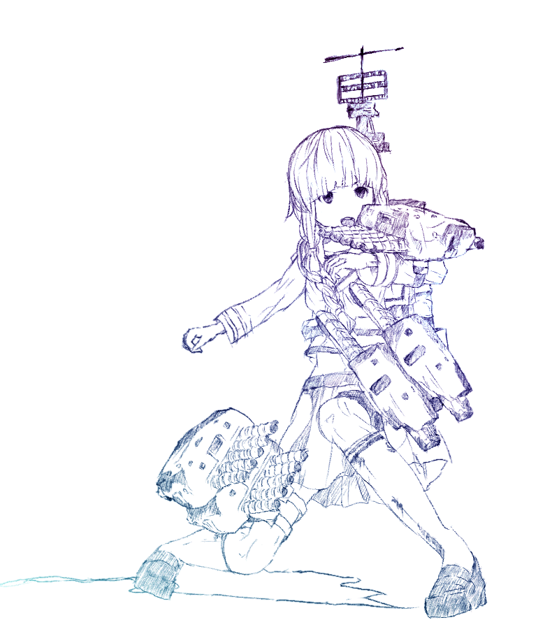 10s 1girl antenna_mast baseball_pose female_focus gradient_filter gurin33 kantai_collection kitakami_(kancolle) loafers long_hair looking_at_viewer mecha_musume midriff monochrome shoes simple_background sketch skirt socks solo torpedo_tubes white_background
