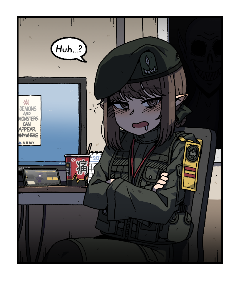 1girl beret breasts commentary drooling elf english_commentary english_text green_hat hat indoors karepack looking_at_viewer medium_breasts military_uniform mole mole_under_eye monitor open_mouth original pointy_ears soldier speech_bubble