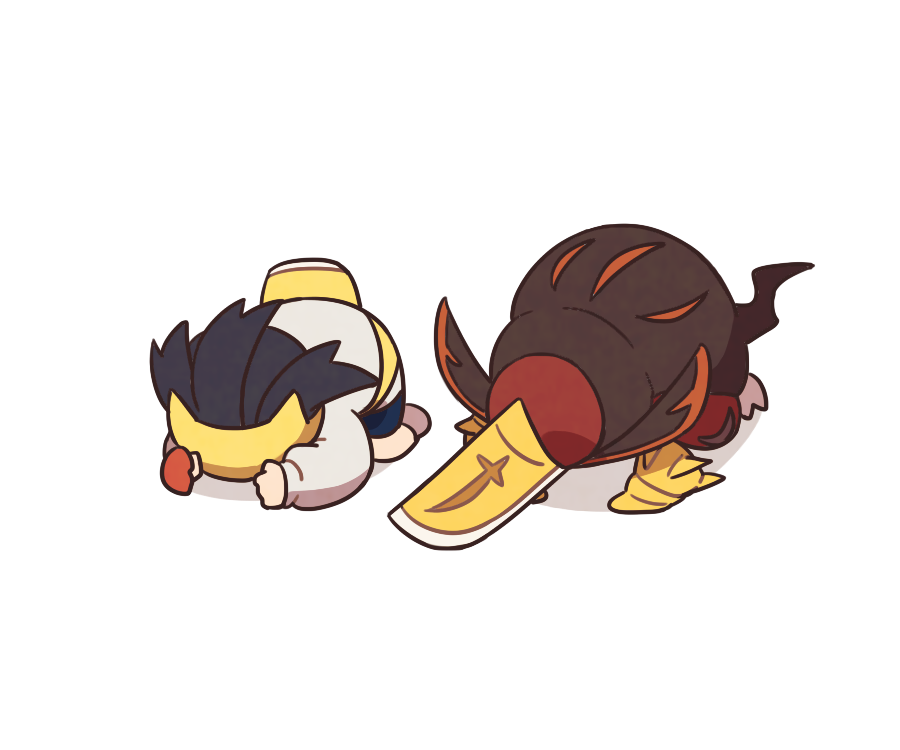 1boy black_hair face_down foot_on_head gloves jacket kieran_(pokemon) kingambit male_focus nintendo on_floor pokemon pokemon_(creature) pokemon_sv prostration shirt simple_background ssalbulre white_background white_jacket