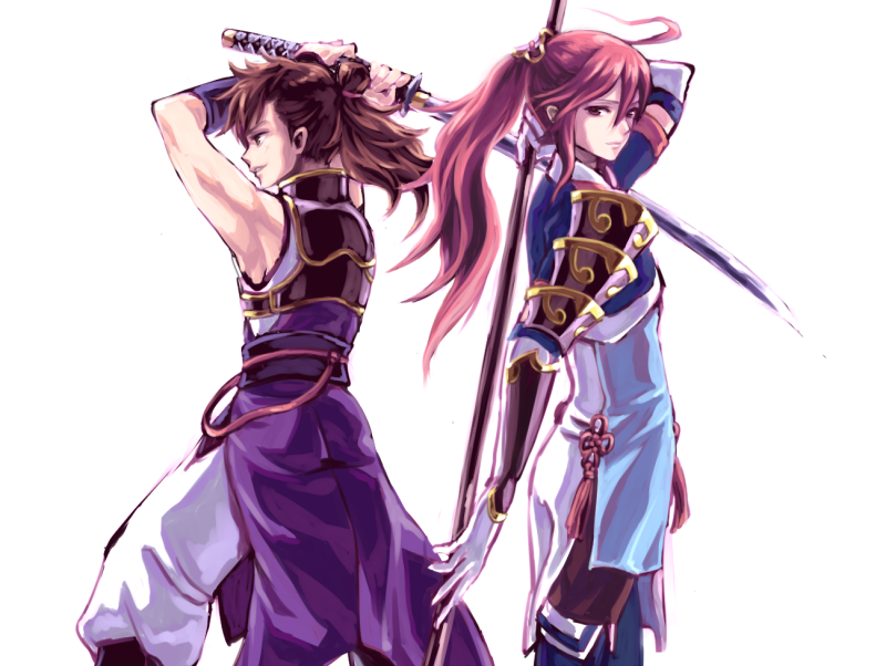 2boys armor brown_hair fire_emblem fire_emblem_fates grin hinata_(fire_emblem) japanese_clothes katana long_hair male_focus multiple_boys naginata nintendo over_shoulder polearm ponytail red_hair smile subaki_(fire_emblem) sword weapon weapon_over_shoulder white_background yoneko