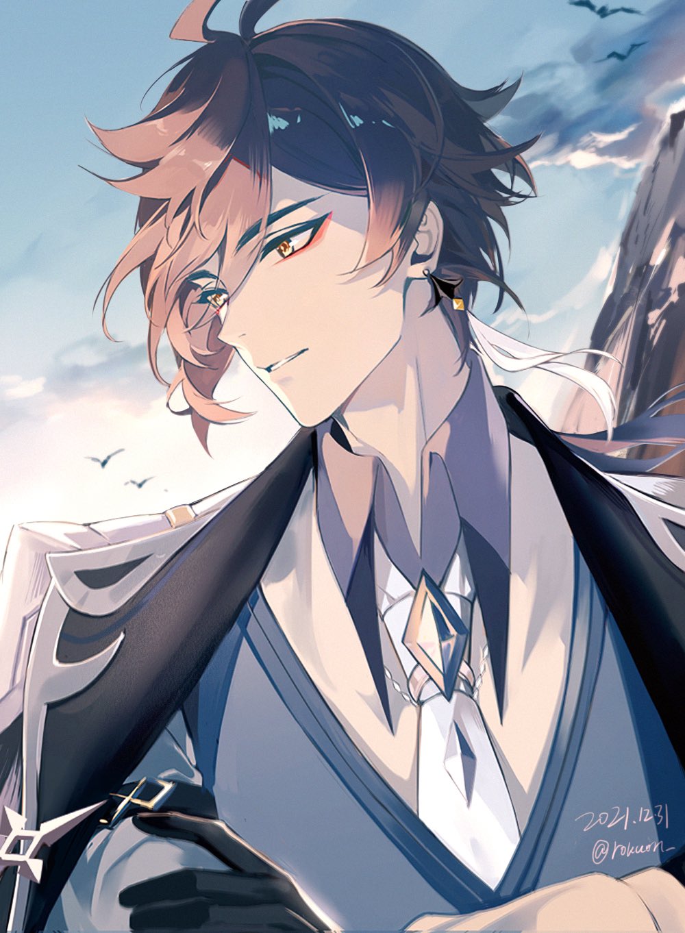 1boy bird black_gloves brooch brown_eyes brown_hair brown_jacket brown_shirt coat coat_on_shoulders collared_shirt colored_tips commentary_request crossed_arms dated earrings eyelashes eyeliner gem genshin_impact gloves gradient_hair hair_between_eyes highres jacket jewelry light_smile long_hair looking_to_the_side low_ponytail male_focus multicolored_hair necktie ponytail red_eyeliner rokuon shirt sidelocks single_earring smile solo tassel tassel_earrings twitter_username upper_body vest white_necktie wing_collar zhongli_(genshin_impact)