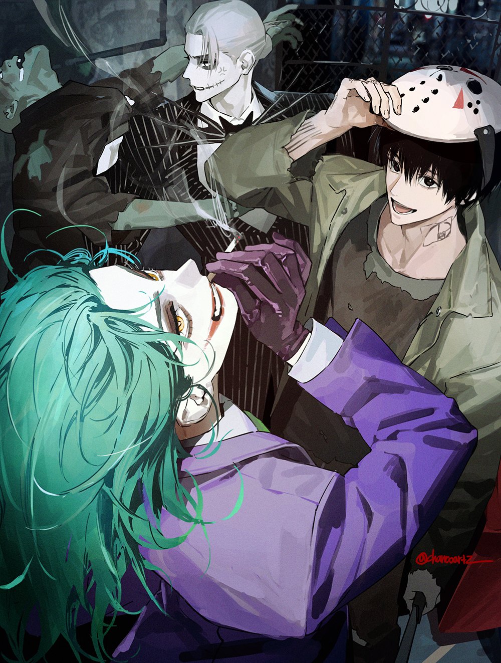 1girl 3boys akao_rion anger_vein arm_tattoo black_eyes black_eyeshadow black_hair black_jacket black_suit blurry blurry_background brown_eyeshadow brown_shirt chain-link_fence chanoo_artz cigarette clenched_teeth clown colored_skin cosplay cowboy_shot eyeshadow fence finger_tattoo fingernails formal_clothes frankenstein&#039;s_monster frankenstein&#039;s_monster_(cosplay) gloves green_hair green_jacket green_necktie green_skin grey_hair hair_between_eyes hair_bun halloween hashtag-only_commentary highres hockey_mask holding holding_cigarette holding_mask jack_skellington jack_skellington_(cosplay) jacket jason_voorhees jason_voorhees_(cosplay) joker_(dc)_(cosplay) long_hair looking_at_another looking_at_viewer looking_up makeup mask mask_on_head multiple_boys nagumo_(sakamoto_days) neck_tattoo necktie open_mouth pale_skin purple_eyes purple_jacket sakamoto_days sakamoto_taro sakamoto_taro_(skinny) scar scar_on_face selfie selfie_stick shirt short_hair smile smoke smoking striped_clothes striped_jacket suit tattoo teeth the_joker torn_clothes torn_jacket twitter_username upper_body vertical-striped_clothes vertical-striped_jacket white_gloves white_shirt yellow_eyes