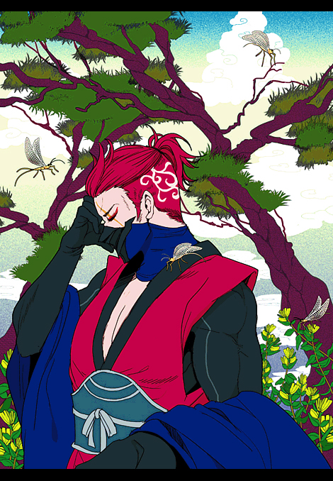 1boy fire_emblem fire_emblem_fates mask mouth_mask ninja ninja_mask nintendo outdoors pectoral_cleavage pectorals red_hair saizo_(fire_emblem) scarf tree tsuko_(25mnts)