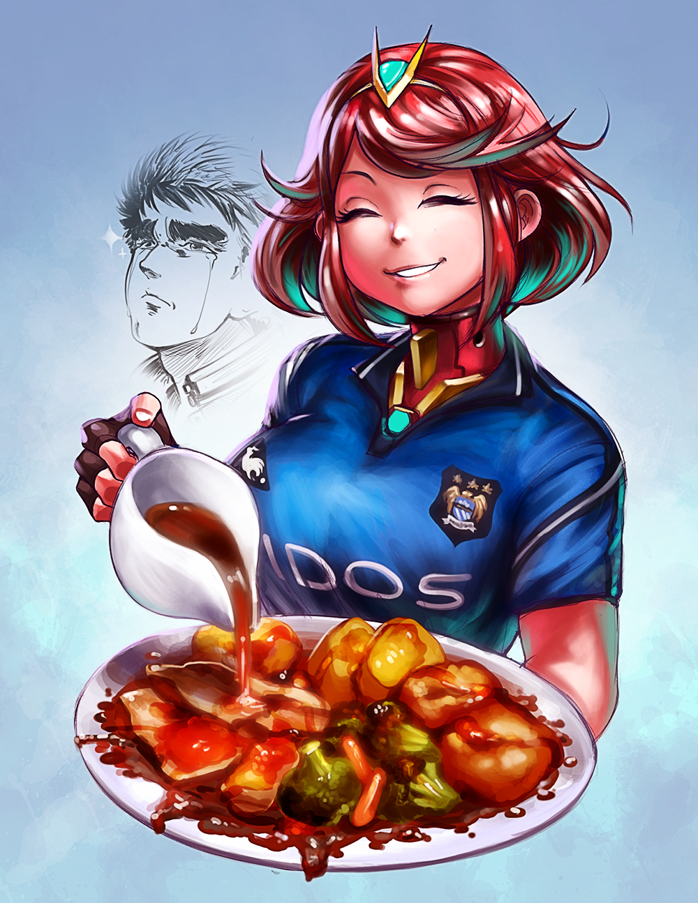 1girl ^_^ breasts closed_eyes commentary eyelashes closed_eyes fingerless_gloves food forehead_jewel gloves gravy gravy_boat highres large_breasts lips nintendo pyra_(xenoblade) red_hair short_hair smile soccer_uniform solo_focus sportswear tiara voodoothur xenoblade_chronicles_(series) xenoblade_chronicles_2 xenoblade_chronicles_(series) xenoblade_chronicles_2
