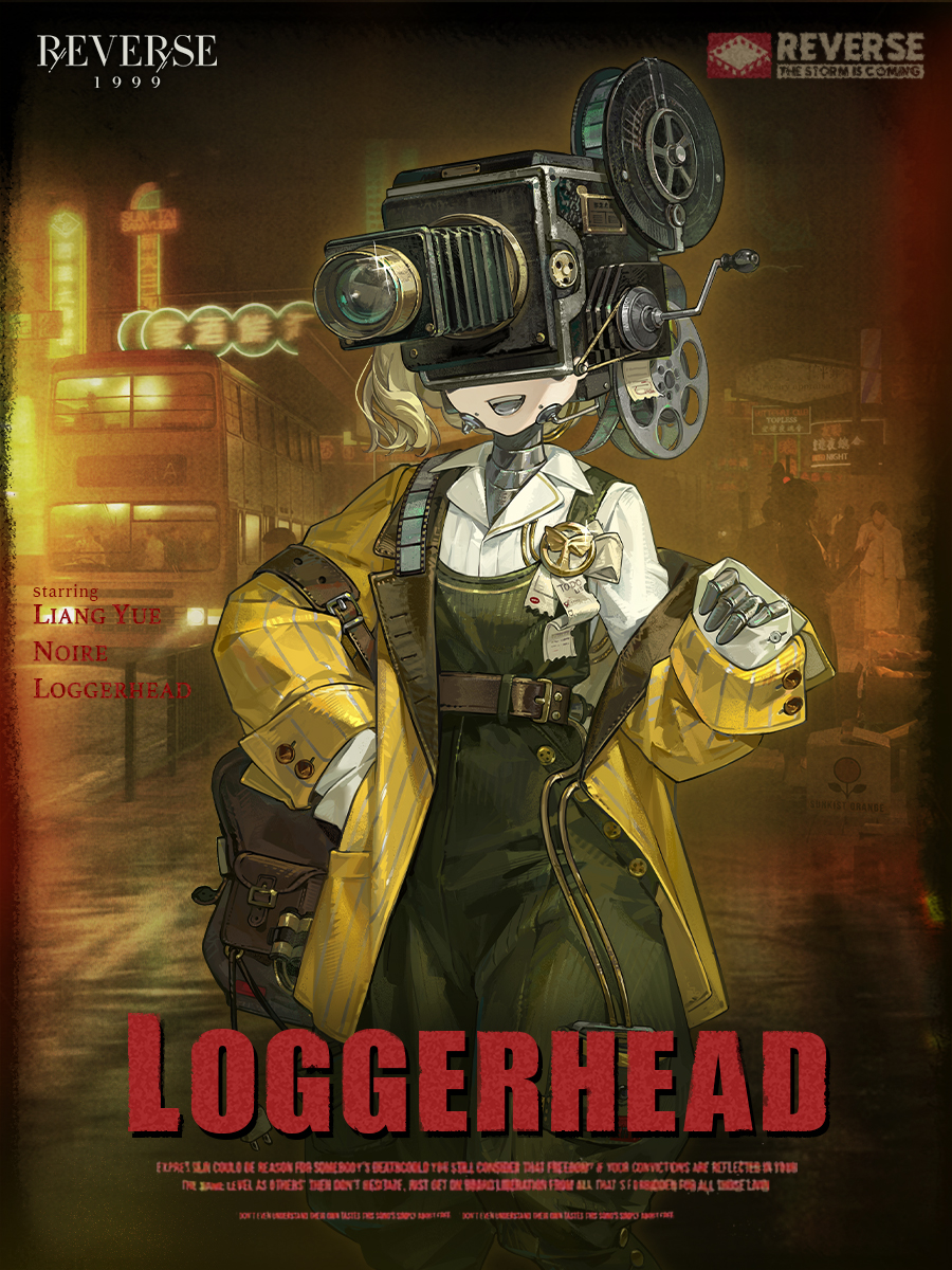 1girl bag blonde_hair brown_bag bus character_name coat copyright_name cowboy_shot double-decker_bus green_overalls grey_tongue highres loggerhead_(reverse:1999) logo metal_skin motor_vehicle movie_camera neon_lights night object_head official_art open_mouth overalls reverse:1999 road shirt shoulder_bag side_ponytail smile solo street white_shirt yellow_coat