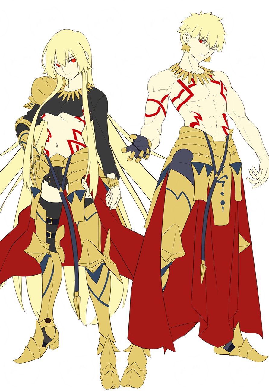 1boy 1girl aora armor black_gloves blonde_hair bracelet breasts collarbone earrings fate/stay_night fate_(series) genderswap genderswap_(mtf) gilgamesh_(fate) gloves highres jewelry leg_armor long_hair navel necklace one_eye_closed red_eyes short_hair shoulder_armor topless_male underboob