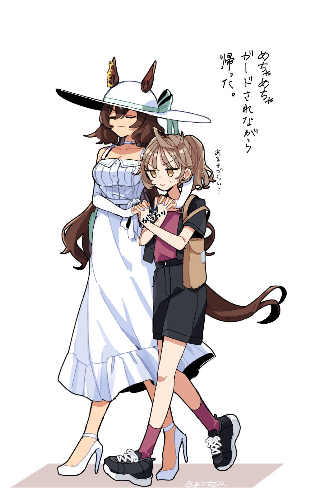 2girls ahoge alternate_costume animal_ears arm_around_neck bag black_shoes black_shorts breasts choker cleavage closed_eyes closed_mouth dress ears_through_headwear female_trainer_(umamusume) hat high_heels highres holding_hands horse_ears horse_girl horse_tail jitome medium_breasts multiple_girls open_mouth ponytail red_eyes red_shirt red_socks shirt shirt_tucked_in shoes shorts shoulder_bag sirius_symboli_(umamusume) sleeveless sleeveless_dress smile sneakers socks sweatdrop tail toji_(y2toj2) trainer_(umamusume) translation_request twitter_username umamusume v-shaped_eyebrows walking white_hat white_shoes yellow_eyes yuri