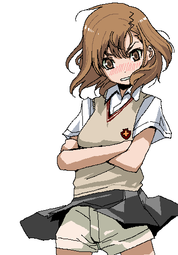 1girl blouse blush brown_eyes brown_hair brown_sweater_vest chiisan clothes_lift collared_shirt cowboy_shot crossed_arms embarrassed female_focus looking_at_viewer lowres misaka_mikoto oekaki school_uniform shirt short_hair shorts shorts_under_skirt simple_background skirt skirt_lift solo sweater_vest toaru_kagaku_no_railgun toaru_majutsu_no_index white_background white_shirt wind wind_lift