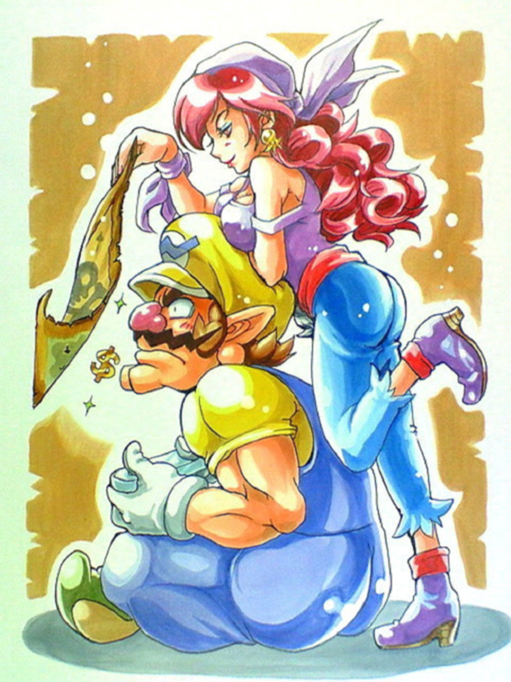 arettes bandana breasts brown_hair captain_syrup grin hat highres leg_up lips long_hair make makeup nintendo pants pirate plumber red_eyes red_hair rivalry shoes short_sleeves sitting sleeveless smile standing tagme thief wario wario_land wario_land:_shake_it!