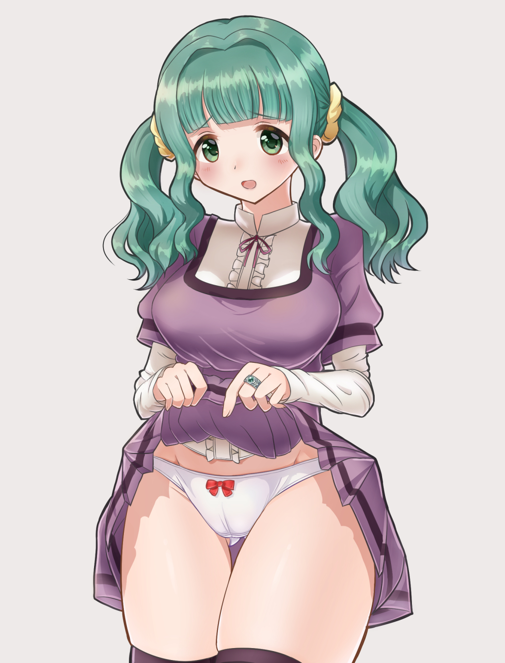 1girl :o blush bow bow_panties breasts clothes_lift dress futaba_sana green_eyes green_hair hair_intakes hair_ornament hair_scrunchie highres jewelry lifting_own_clothes magia_record:_mahou_shoujo_madoka_magica_gaiden mahou_shoujo_madoka_magica medium_breasts medium_hair panties purple_dress ring ryokucha_no_ki scrunchie short_hair_with_long_locks simple_background skirt skirt_lift standing thighhighs underwear white_panties
