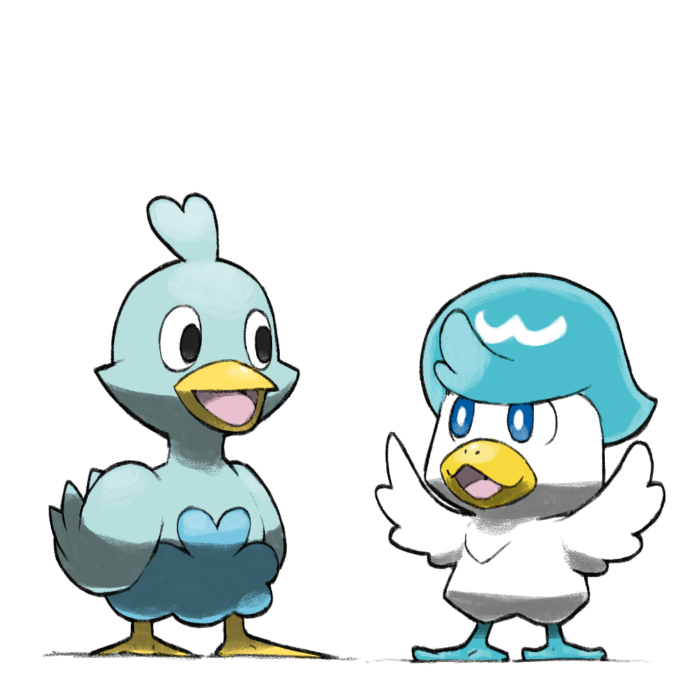 animal_focus arms_up bird blacknirrow blue_eyes duck ducklett full_body game_freak gen_5_pokemon gen_9_pokemon nintendo no_humans open_mouth pokemon pokemon_(creature) pokemon_focus quaxly simple_background smile white_background