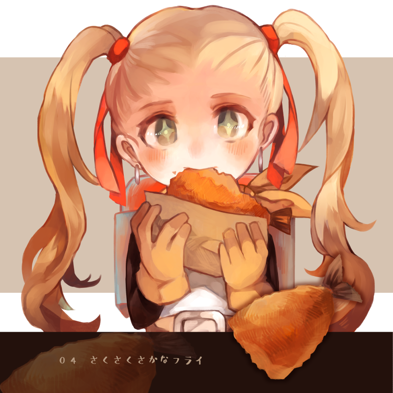 +_+ 1girl backpack bag black_sleeves blonde_hair commentary_request dragon_quest dragon_quest_builders_2 earrings eating female_builder_(dqb2) fish_(food) food fried_fish gloves green_eyes hair_pulled_back hair_ribbon holding holding_food hoop_earrings hotaro_(bread_fusa) jewelry looking_at_viewer neckerchief red_ribbon ribbon solo translation_request twintails upper_body yellow_gloves