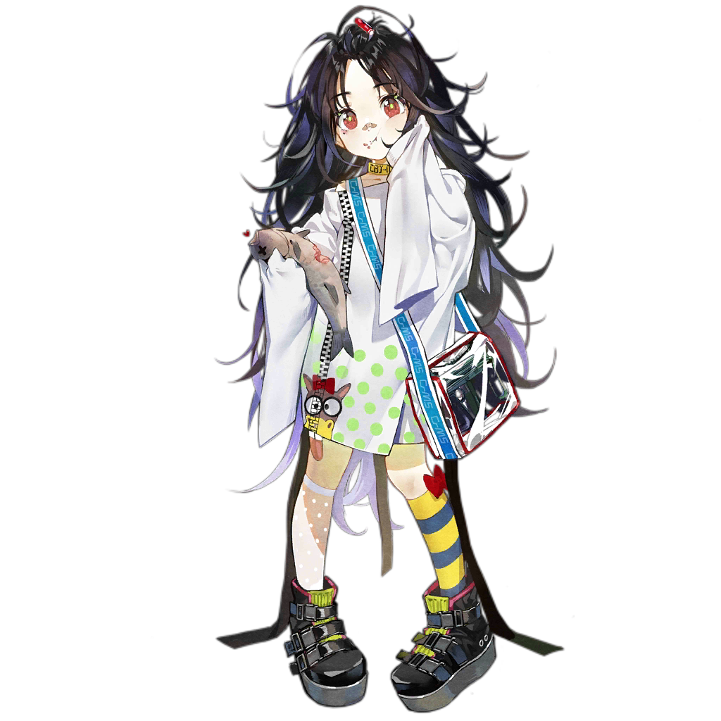 1girl aged_down animal animal_print asymmetrical_legwear bag bandaid bandaid_on_face bandaid_on_nose bangs_pinned_back bare_shoulders black_boots black_hair blush boots c-ms_(girls&#039;_frontline) c-ms_(the_wonderful_adventures_of_goose)_(girls&#039;_frontline) cbj-ms choker closed_mouth eating fish forehead full-length_zipper full_body girls&#039;_frontline gun hand_on_own_cheek hand_on_own_face heart holding holding_animal holding_fish kneehighs long_hair long_sleeves looking_at_viewer messy_hair mismatched_legwear off-shoulder_shirt off_shoulder official_alternate_costume official_art personal_defense_weapon polka_dot polka_dot_shirt polka_dot_socks print_shirt red_eyes shirt simple_background sleeves_past_wrists socks solo standing straight-on striped_clothes striped_socks submachine_gun transparent_background transparent_bag very_long_hair weapon white_shirt x_x xiao_chichi yellow_choker zipper