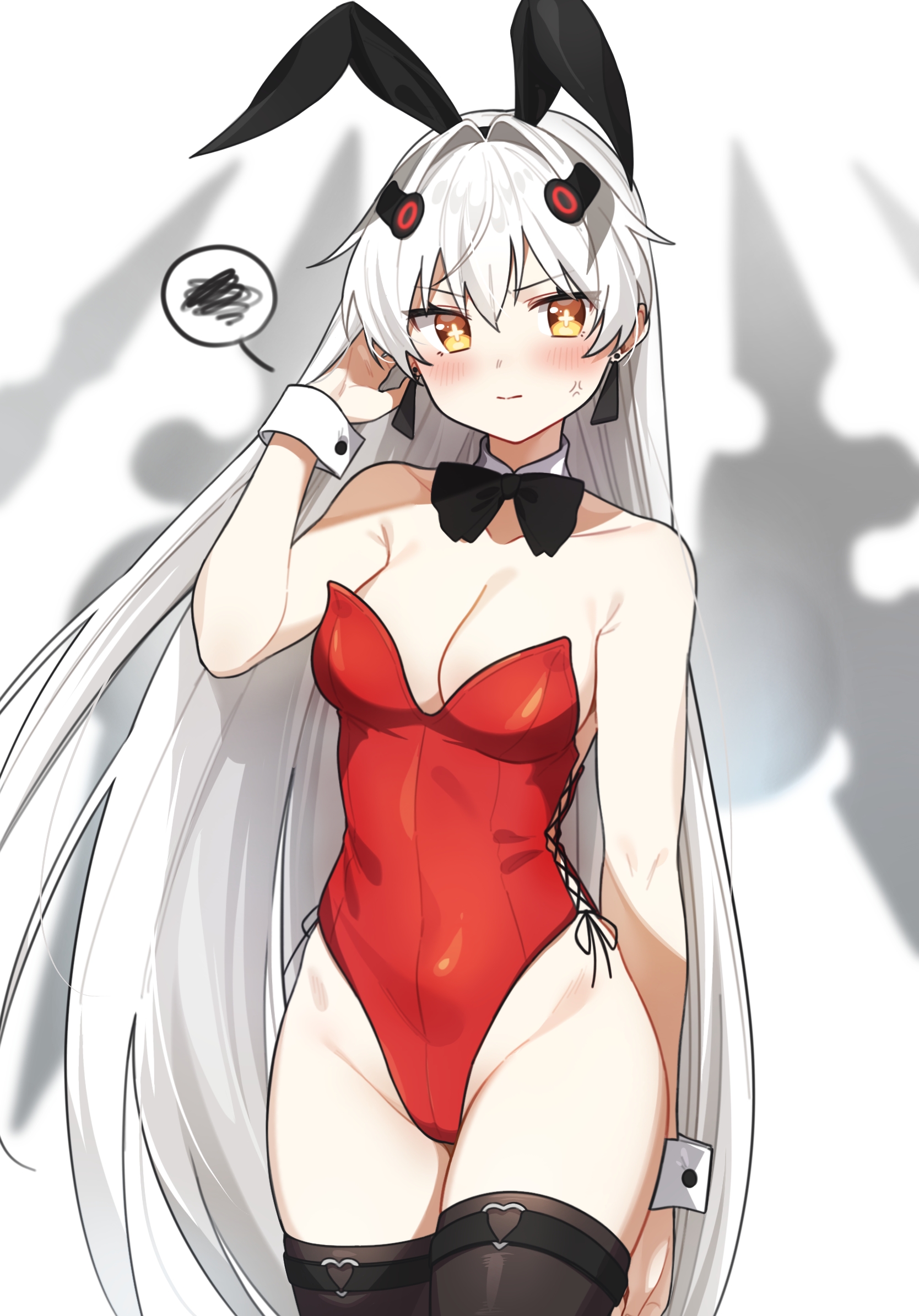 1girl alternate_costume alternate_hairstyle animal_ears black_bow black_bowtie black_thighhighs bow bowtie breasts cleavage cross-shaped_pupils detached_collar earrings fake_animal_ears floating floating_object floating_weapon hair_between_eyes highres jewelry leotard long_hair luna:_laurel_(pgr) luna_(pgr) myam_(123ab456c) playboy_bunny punishing:_gray_raven rabbit_ears red_leotard solo spoken_squiggle squiggle standing straight_hair symbol-shaped_pupils thighhighs triangle_earrings very_long_hair white_hair wing_collar wrist_cuffs yellow_eyes