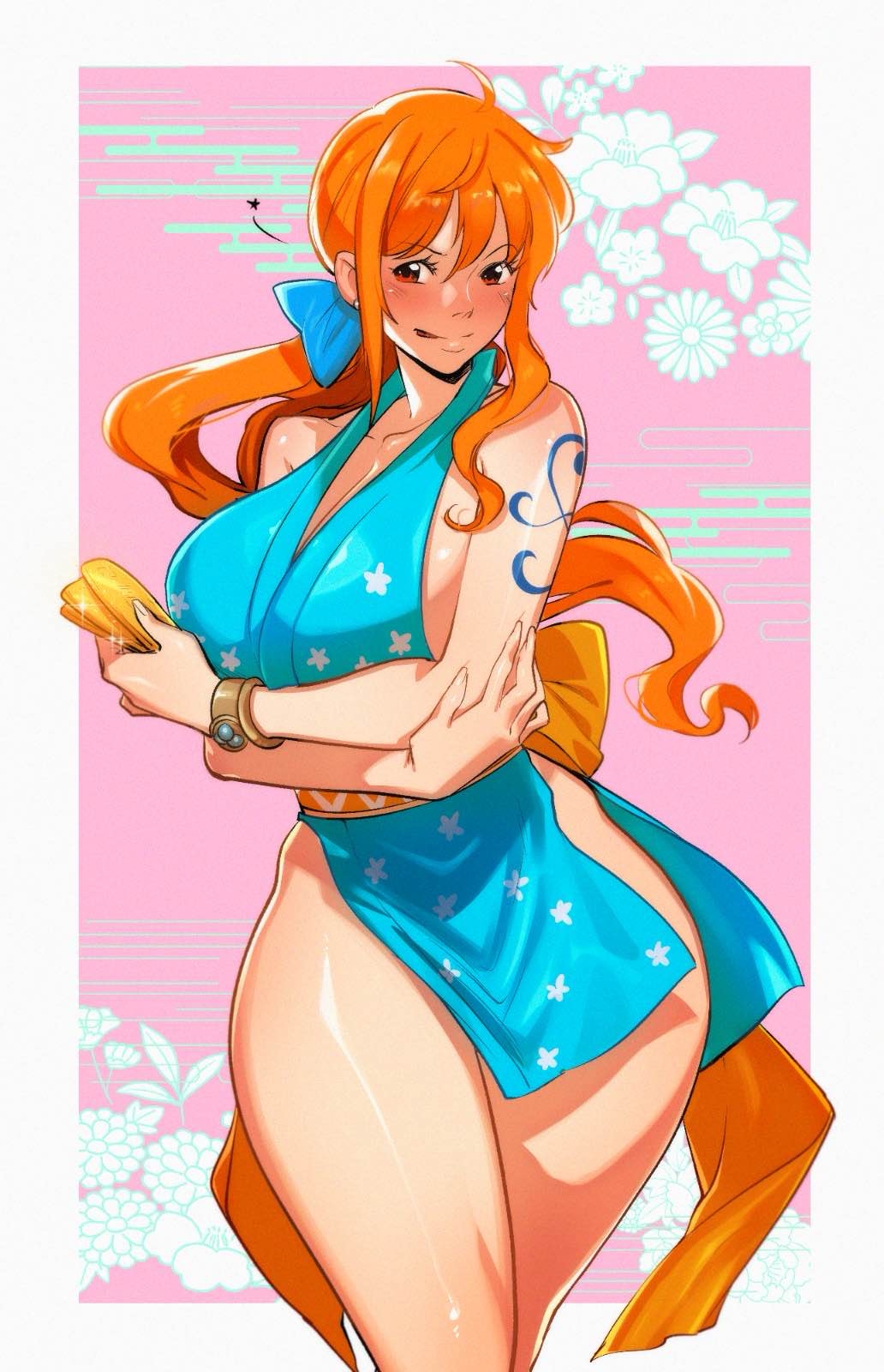 1girl bangle blue_bow blue_kimono border bow bracelet breasts cleavage collarbone floral_print floral_print_kimono gold hair_bow highres japanese_clothes jewelry kimono kukumomo large_breasts log_pose nami_(one_piece) nami_(one_piece)_(wano) official_alternate_costume one_piece orange_hair outside_border ponytail print_kimono shiny_skin short_kimono shoulder_tattoo side_slit sleeveless sleeveless_kimono smile smirk solo tattoo thighs white_border