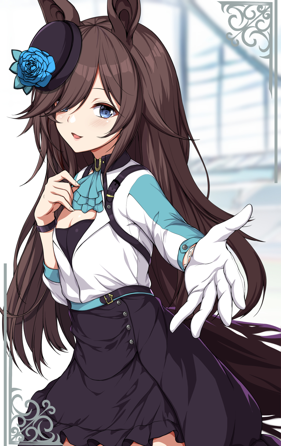 1girl alternate_eye_color animal_ears aqua_ascot aqua_background ascot back_bow black_dress black_thighhighs blue_eyes blue_flower blue_rose blurry blurry_background bow breasts brown_hair cleavage clip_studio_paint_(medium) commentary cosplay cowboy_shot crossed_arms dress english_commentary flower frilled_dress frills garter_straps gloves hair_bun highres horse_ears horse_girl horse_tail jacket long_hair long_sleeves looking_at_viewer medium_breasts medium_hair mejiro_ramonu_(umamusume) mejiro_ramonu_(umamusume)_(cosplay) multicolored_hair one_eye_closed open_mouth outstretched_hand rice_shower_(umamusume) rose sheita single_garter_strap single_glove single_thighhigh smile smug solo streaked_hair tail thighhighs tilted_headwear two-tone_hair umamusume white_gloves white_hair white_jacket