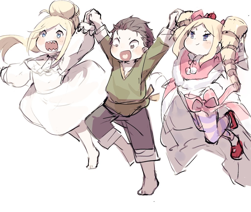 age_regression aged_down barefoot beatrice_(re:zero) black_hair blonde_hair blue_eyes capelet dress drill_hair fur_trim green_shirt hair_bun holding_hands jump long_hair louis_arneb natsuki_subaru pink_dress ponytail re:zero_kara_hajimeru_isekai_seikatsu sharp_teeth shirt short_hair smile striped_leggings teeth twin_drills white_dress