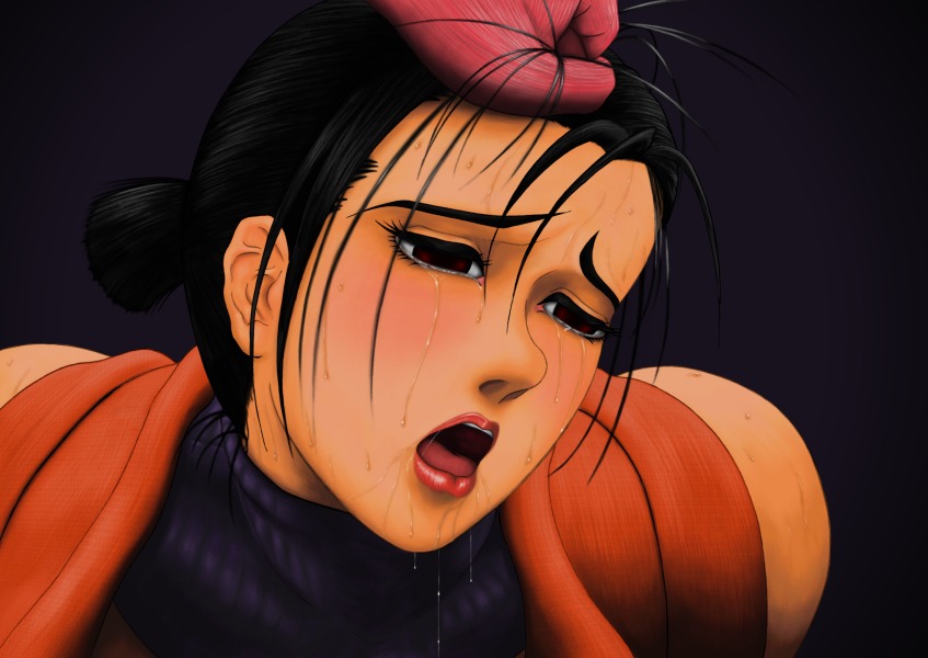black_hair black_iron_gun blush capcom crying demon forced grabbing_another&#039;s_hair kaede_(onimusha) lips ninja oni onimusha open_mouth rape red_eyes s.y.r saliva short_hair tears tongue zombie
