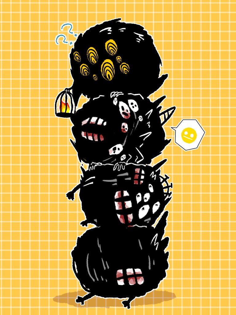 ? ?? big_bird_(project_moon) birdcage cage extra_teeth fire grid_background holding holding_cage lantern lobotomy_corporation mask mountain_of_smiling_bodies no_humans open_mouth plaid_background project_moon simple_background speech_bubble wakame_031412 yellow_background