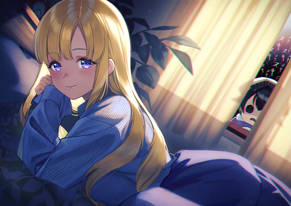 1girl alternate_hairstyle bed blonde_hair commentary_request curtains dutch_angle fletcher_(kancolle) hair_down indoors jingei_(kancolle) kantai_collection lips long_hair looking_at_viewer lying on_stomach plant purple_eyes shirt solo striped_clothes striped_shirt unowen