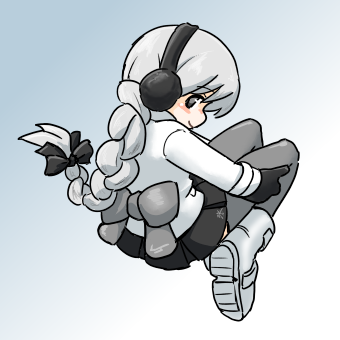 1girl back_bow black_bow black_gloves black_skirt boots bow braid closed_mouth earmuffs full_body gloves gradient_background grey_bow grey_eyes grey_hair grey_thighhighs hair_bow jacket long_hair long_sleeves lowres miniskirt pleated_skirt saruyama_ushirou sekka_yufu single_braid skirt smile solo thighhighs utau white_boots white_jacket zettai_ryouiki