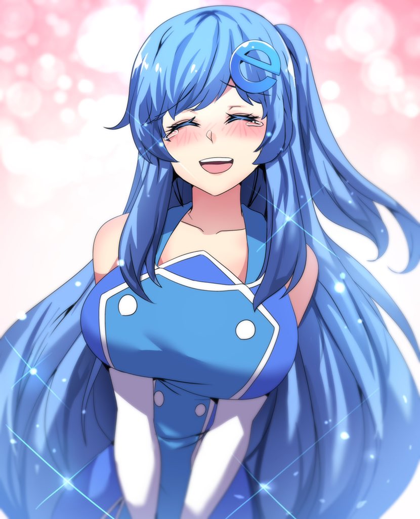 1girl blue_hair blush breasts breasts_squeezed_together crying hinghoi internet_explorer internet_explorer_(merryweather) internet_explorer_(webcomic) large_breasts long_hair merryweather merryweather_media open_mouth own_hands_together personification product_girl side_ponytail simple_background smile solo v_arms