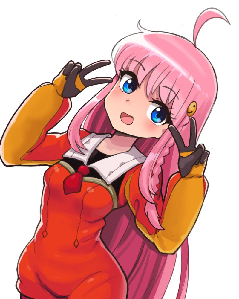 1girl ahoge blue_eyes braid breasts commentary donburi_(donburikazoku) double_v female_focus long_hair looking_at_viewer nono_(top_wo_nerae_2!) open_mouth pink_hair simple_background smile solo top_wo_nerae!_(series) top_wo_nerae_2! v white_background
