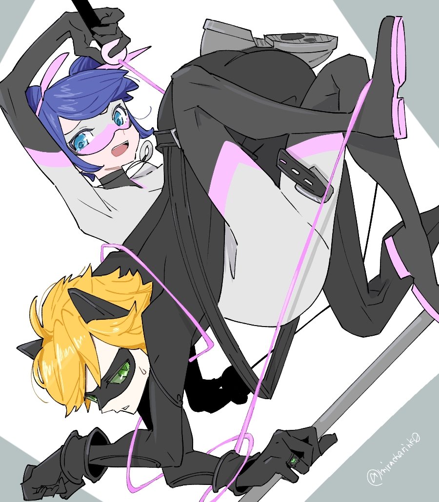 1boy 1girl adrien_agreste animal_ears black_bodysuit black_mask blonde_hair blue_eyes blue_hair bodysuit cat_boy cat_ears chat_noir double_bun green_eyes grey_bodysuit grey_mask hair_bun holding holding_weapon marinette_dupain-cheng miracharink0 miraculous_ladybug mouse_girl multimouse_(character) open_mouth slit_pupils superhero_costume weapon