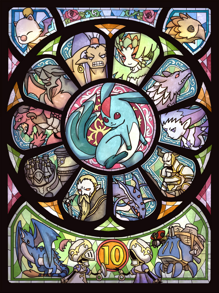 :3 alexander_(final_fantasy) animal anniversary armor automaton_(final_fantasy) beard bird bird_wings blonde_hair blue_hair bug carbuncle_(final_fantasy) chocobo closed_mouth crab creature diabolos dragon facial_hair facial_mark feathered_wings fenrir_(final_fantasy) final_fantasy final_fantasy_xi flower forehead_mark garuda_(final_fantasy) green_wings harpy ifrit_(final_fantasy) insect ladybug leviathan_(final_fantasy) light_blue_hair looking_at_viewer monster monster_girl moogle multicolored_hair no_nose odin_(final_fantasy) orange_eyes pink_eyes plant pointy_ears purple_eyes purple_hair ramuh red_eyes red_flower red_rose rose sakutsuki sharp_teeth shiva_(final_fantasy) smile solid_eyes staff stained_glass teeth thorns titan_(final_fantasy) two-tone_hair vines wings wolf