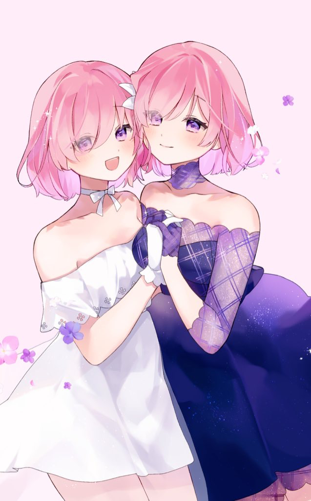 2girls bare_shoulders blush closed_mouth collarbone commentary_request detached_collar dress dual_persona fate/grand_order fate_(series) flower formal_clothes gloves hair_flower hair_ornament holding_hands looking_at_viewer mash_kyrielight mash_kyrielight_(chaldea_dinnertime) mash_kyrielight_(formal_dress) misaki346 multiple_girls off-shoulder_dress off_shoulder official_alternate_costume open_mouth pink_hair purple_dress purple_eyes purple_gloves see-through_clothes see-through_sleeves short_hair sleeveless sleeveless_dress smile white_dress white_flower white_gloves