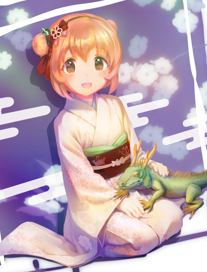 1girl blush brown_eyes chinese_zodiac commentary_request double_bun floral_print hair_bun hair_ornament hairband hyou-kun idolmaster idolmaster_cinderella_girls iguana japanese_clothes kawaseki kimono koga_koharu light_brown_hair lizard looking_at_viewer new_year obi print_kimono sash seiza sitting solo year_of_the_dragon